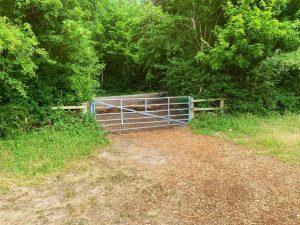 A path made of wood chips leads to a closed metal farm gate surrounded by lush green trees and bushes. The gate blocks access to a dirt path that extends into the forest near Guildford. Plots of amenity land at Plot 235 Down Lane, GU3 1DQ are available for sale by auction with Palace Auctions.