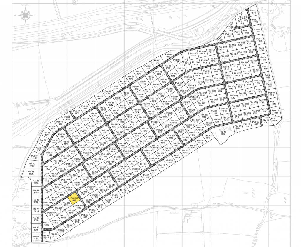 Property for sale by Auction A black and white grid map depicts numbered plots within a designated area, with each plot labeled by a unique identifier. Standing out from the rest, Plot 43 is highlighted in yellow and located near Down Lane in Guildford GU3 1DQ. Presented by Palace Auctions