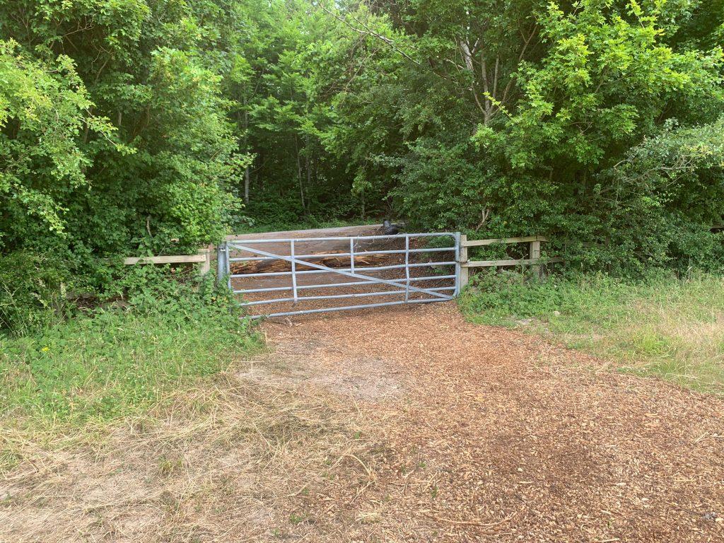 Property for sale by Auction A metal gate blocks a dirt path in a wooded area at Plot 231, Guildford GU3 1DQ. The path, covered with wood chips, leads to dense green foliage. The gate is flanked by wooden fencing and surrounded by tall trees and shrubs, creating a calm and natural scene in Compton. Presented by Palace Auctions
