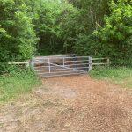 Property for sale by Auction A metal gate blocks a dirt path in a wooded area at Plot 231, Guildford GU3 1DQ. The path, covered with wood chips, leads to dense green foliage. The gate is flanked by wooden fencing and surrounded by tall trees and shrubs, creating a calm and natural scene in Compton. Presented by Palace Auctions