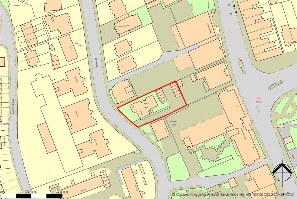 Property for sale by Auction A colored map highlights an urban area with buildings, roads, and green spaces. Beech Court is outlined in red near the center. The map includes a scale in meters and a north direction indicator. The detailed layout suggests a meticulous urban planning document. Presented by Palace Auctions