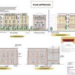 Property for sale by Auction Architectural design plan showing front, south, and north elevations of new and retained buildings, including the Water Tower. Annotated with dimensions, materials, and finishes. Text at the top center reads "PLAN APPROVED." Plans feature detailed views and color specifications. Presented by Palace Auctions