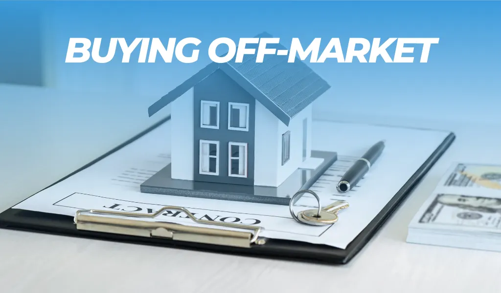 A small model of a house sits on a clipboard with a contract, next to a pen, a set of keys, and two stacks of hundred-dollar bills. At the top, the text "BUYING OFF-MARKET" highlights a lucrative opportunity at Palace Auctions.