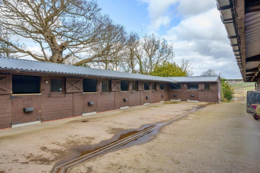 Property for sale by Auction A row of wooden stables with partially open upper doors lines up against a concrete pathway at Hagg Hill Farm. Water puddles dot the ground, and leafless trees stand in the background under a cloudy sky. The stables, with their black roofs, create a charming scene in this rural, outdoor setting. Presented by Palace Auctions