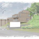 Property for sale by Auction A digital rendering depicts a residential development with modern wooden buildings on a sloped landscape. Trees and shrubs surround the area, hinting at the plot of land with hope value for planning consent sold nearby. A large concrete arch supports an elevated road, with a few cars parked below while birds fly in the sky. Presented by Palace Auctions