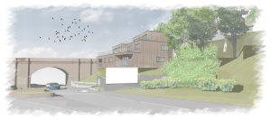 Property for sale by Auction A digital rendering depicts a residential development with modern wooden buildings on a sloped landscape. Trees and shrubs surround the area, hinting at the plot of land with hope value for planning consent sold nearby. A large concrete arch supports an elevated road, with a few cars parked below while birds fly in the sky. Presented by Palace Auctions