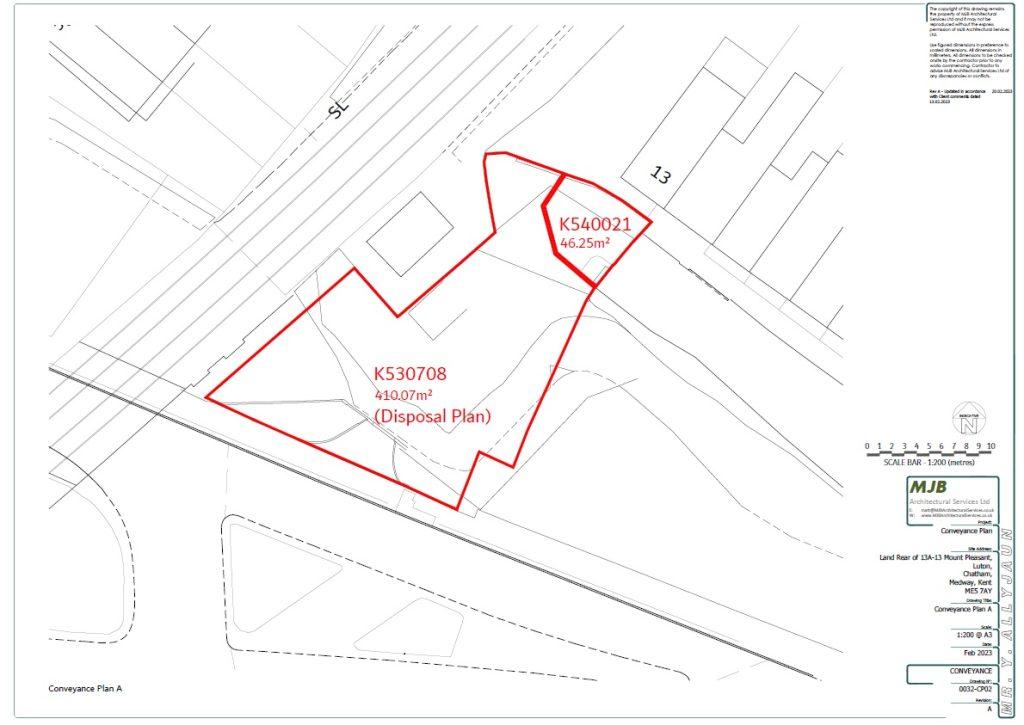 Property for sale by Auction A detailed site plan showing the boundaries of two parcels of land, outlined in red, labeled K540021 (46.25m²) and K530708 (43.07m²), sold by their owners. Various surrounding structures and streets are depicted, along with directional arrows and measurement annotations. Presented by Palace Auctions