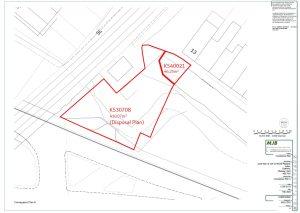 Property for sale by Auction A detailed site plan showing the boundaries of two parcels of land, outlined in red, labeled K540021 (46.25m²) and K530708 (43.07m²), sold by their owners. Various surrounding structures and streets are depicted, along with directional arrows and measurement annotations. Presented by Palace Auctions