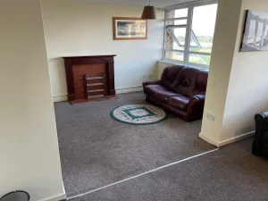 Property for sale by Auction A cozy living room at 159 Collingwood Court, Washington, features a brown leather sofa near a large window allowing in ample natural light. A fireplace with a wooden mantle is set against one wall, and a framed picture hangs above it. A patterned round rug is placed on the carpeted floor. Presented by Palace Auctions