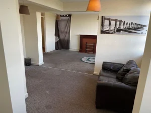 Property for sale by Auction A living room at 159 Collingwood Court, Washington, features carpeted floors and white walls. It contains a brown leather sofa, a small circular rug, a wooden mantlepiece, and a picture of a pier on the wall. Dark curtains cover one doorway while brown lampshades hang from the ceiling. Presented by Palace Auctions