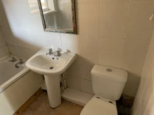 Property for sale by Auction A small bathroom at 159 Collingwood Court, Washington, features a white pedestal sink with two faucets, a rectangular mirror above it, a white toilet to the right, and a partially visible bathtub on the left. The walls are covered with white tiles. Presented by Palace Auctions