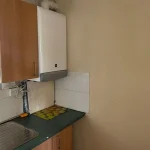 Property for sale by Auction A small kitchen at 159 Collingwood Court, Washington, with a beige wall and wooden cabinets. A white boiler is mounted above the green counter, which holds several apples arranged in a row and is partially tiled with white ceramic tiles. Part of a stainless steel sink is visible. Presented by Palace Auctions