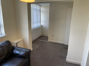 Property for sale by Auction A small, empty room at 159 Collingwood Court, Washington, features plain white walls and grey carpet. A dark-colored leather armchair is partially visible in the lower left corner. A bright window with vertical blinds is on the left wall, and an open doorway leads to another small area with a window. Presented by Palace Auctions