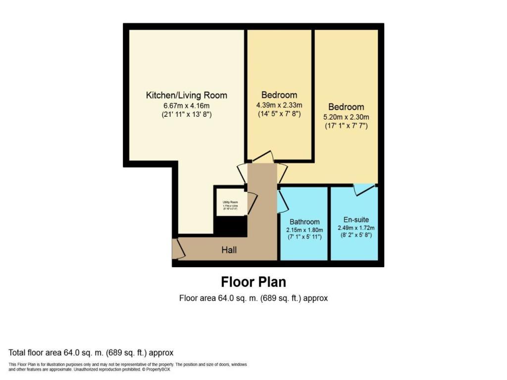 Property for sale by Auction A floor plan of an apartment with a 64.0 sq m total area, sold by Palace Auctions, featuring a kitchen/living room (6.87m x 4.16m), two bedrooms (4.32m x 2.87m and 5.20m x 2.30m), a bathroom (2.15m x 1.75m Presented by Palace Auctions