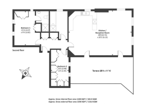 Property for sale by Auction Floor plan of a property featuring two bedrooms, two bathrooms, and a kitchen/reception room. The second-floor layout includes Bedroom 1 (15’4” x 9’3”), Bedroom 2 (16’4” x 8’5”), and a kitchen/reception room (28’8” x 14’8”). A terrace (28'4" x 11' Presented by Palace Auctions