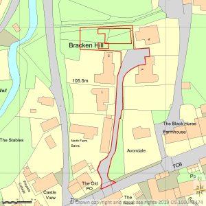 Property for sale by Auction A detailed map of Bracken Hill and surrounding areas. It highlights various buildings including "The Black Horse Farmhouse," "Avondale," "North Barn Farm," and "The Stables." A pathway marked in red connects various points on the map. Presented by Palace Auctions