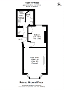 A floor plan of a raised ground floor apartment at Spencer Road, Acton, W3 6DW, showcasing a living room (5.09 x 3.85 meters), bedroom (3.58 x 3.12 meters), kitchen, and bathroom adjoining the bedroom. Outstanding long leasehold investment flat for sale by auction with Palace Auctions and Palace Auctions London.
