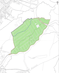 Property for sale A map showing a large, irregularly shaped property for sale outlined in red and filled with green grid patterns, surrounded by roads, buildings, and open land. Blue and brown lines border parts of the area. Presented by Palace Auctions. Presented by Palace Auctions