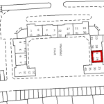 A black and white site map of 29 Mansfield Court, NG5 2BW, depicting numbered townhouses. One townhouse, labeled number 29, is highlighted with a bold red border. Surrounding structures and roads are outlined with dashed lines. This property in Nottingham is for sale by auction with Palace Auctions.