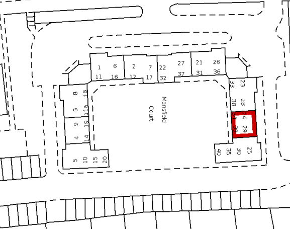 A black and white site map of 29 Mansfield Court, NG5 2BW, depicting numbered townhouses. One townhouse, labeled number 29, is highlighted with a bold red border. Surrounding structures and roads are outlined with dashed lines. This property in Nottingham is for sale by auction with Palace Auctions.
