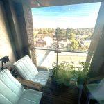A cozy balcony with two cushioned chairs and several plants in pots. The balcony has a glass and metal railing with a protective net. The background features a view of a park, buildings, and greenery under a clear sky. This beautiful modern London apartment is available for sale by auction with Palace Auctions London.