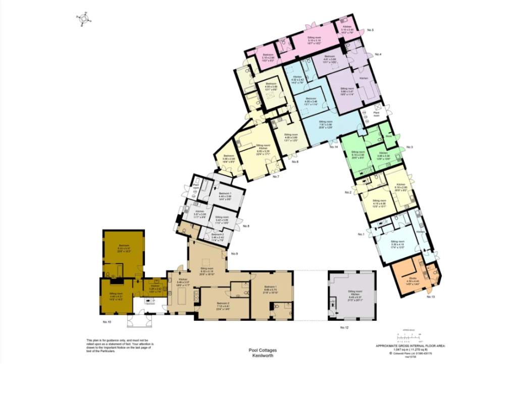 A detailed architectural floor plan of Puneet Chambers, Kelvedon Hatch. It features multiple rooms and units labeled from 01 to 13. Units are marked in various colors for distinction. The plan includes measurements, structural details, and a compass for orientation as seen at Palace Auctions.