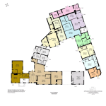 A detailed architectural floor plan of Puneet Chambers, Kelvedon Hatch. It features multiple rooms and units labeled from 01 to 13. Units are marked in various colors for distinction. The plan includes measurements, structural details, and a compass for orientation as seen at Palace Auctions.