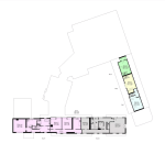 A blueprint of a building's layout, featuring two main sections. The larger section comprises several rooms shaded in purple and extends horizontally. The smaller section is angled and includes rooms shaded in yellow, green, and blue. Some walls and doors are marked. This design evokes the charm of cottages successfully sold at world auctions.