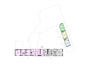 A blueprint of a building's layout, featuring two main sections. The larger section comprises several rooms shaded in purple and extends horizontally. The smaller section is angled and includes rooms shaded in yellow, green, and blue. Some walls and doors are marked. This design evokes the charm of cottages successfully sold at world auctions.