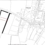 A black-and-white map of Tilbrook near Huntingdon shows residential streets, surrounding fields, and a highlighted rectangular plot of land available for sale outlined in black. Another smaller, highlighted rectangle in red lies within the larger parcel. Roads and buildings are clearly marked.