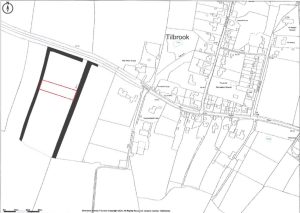 A black-and-white map of Tilbrook near Huntingdon shows residential streets, surrounding fields, and a highlighted rectangular plot of land available for sale outlined in black. Another smaller, highlighted rectangle in red lies within the larger parcel. Roads and buildings are clearly marked.