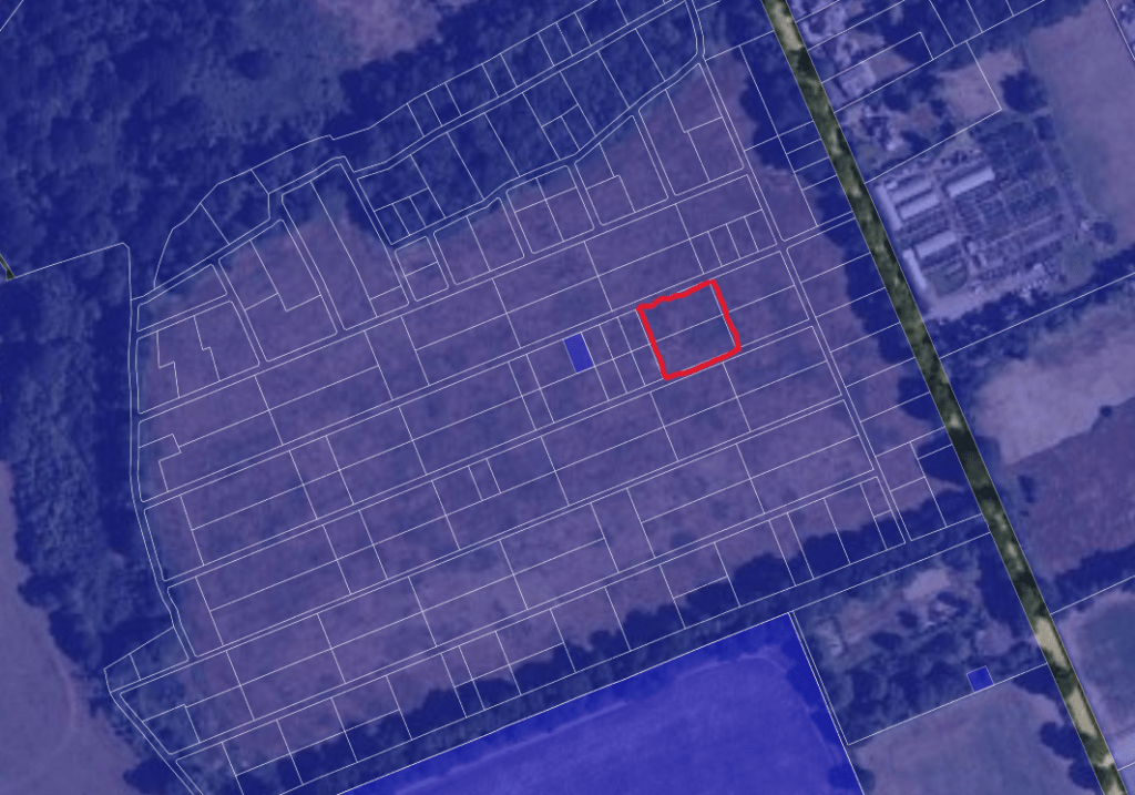 A satellite map image with outlined property lines. Within the parcels of premodernity agricultural land at Long Reach Ockham, a notable red square boundary highlights a specific plot. Roads or paths run vertically and horizontally, surrounded by fields and vegetation. Available for sale by auction with Palace Auctions.