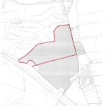 A map showing an outlined area in red with a grey shaded region within it, titled "Epping Plan Lot 1." The land appears to be a mix of open fields and developed areas, intersected by roads. This block of agricultural land holds significant hope value for future planning consent and is available for sale by Auction with Palace Auctions.