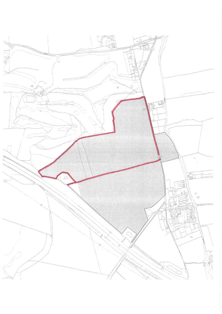 A map showing an outlined area in red with a grey shaded region within it, titled "Epping Plan Lot 1." The land appears to be a mix of open fields and developed areas, intersected by roads. This block of agricultural land holds significant hope value for future planning consent and is available for sale by Auction with Palace Auctions.