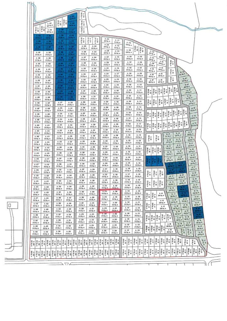 A detailed grid map showing parcels of premodernity agricultural land. Dark blue and green shaded areas mark specific plots, with a red-outlined area centrally located among unshaded sections. Roads border and intersect the grid, featuring a river at the top right corner. Available for sale by Auction with Palace Auctions at Long Reach Ockham.