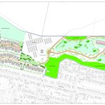 A detailed map showing the proposed layout of a new park and residential development, including green spaces, pathways, a parking lot, and a large building complex. The area also features surrounding residential streets and buildings. Additionally, premodern agricultural land at Dunoon in Scotland is available for sale by auction with Palace Auctions.