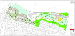 A detailed map showing the proposed layout of a new park and residential development, including green spaces, pathways, a parking lot, and a large building complex. The area also features surrounding residential streets and buildings. Additionally, premodern agricultural land at Dunoon in Scotland is available for sale by auction with Palace Auctions.