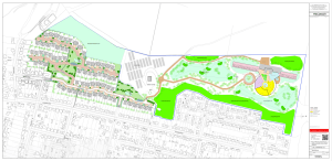 A detailed site plan depicts a residential area on the left, a central parking space, and a recreational or educational facility on the right. It also highlights A Block of premodernity agricultural land at Dunoon in Scotland with some significant hope value, available for sale by Auction with Palace Auctions.