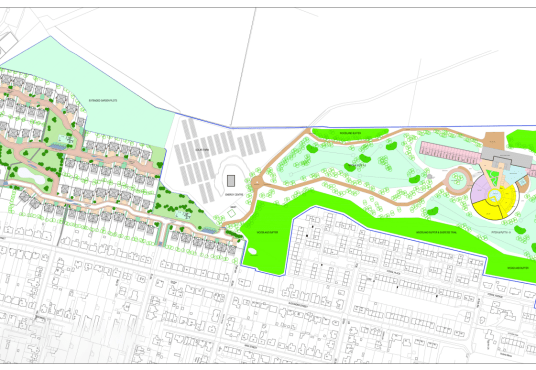 A detailed site plan depicts a residential area on the left, a central parking space, and a recreational or educational facility on the right. It also highlights A Block of premodernity agricultural land at Dunoon in Scotland with some significant hope value, available for sale by Auction with Palace Auctions.