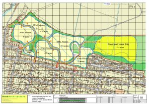 A site plan at Dunoon in Scotland shows the layout for proposed holiday houses and a hotel on a block of premodernity agricultural land. The plan includes marked areas for houses (37, 50, 27 units) and a hotel, with access roads. Available for sale by Auction with Palace Auctions.