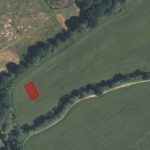 Aerial view of a green field in TONBRIDGE, KENT, with a red-bordered rectangular plot marked in the middle. The field, TN10 4LP, available for sale by auction with Palace Auctions, is surrounded by trees and a dirt path curving through the lower part. Other grassy and wooded areas are visible beyond the field. A great piggy bank style investment opportunity!