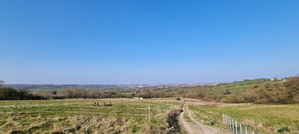 A wide landscape view of a countryside with grassy fields, a dirt path winding through the right, and scattered trees. In the distance, a town under a clear blue sky can be seen. The scenery includes gentle rolling hills and open spaces enclosed by fences, reminiscent of PLOT C38 DUNDRY LANE Bristol sold by Palace Auctions.