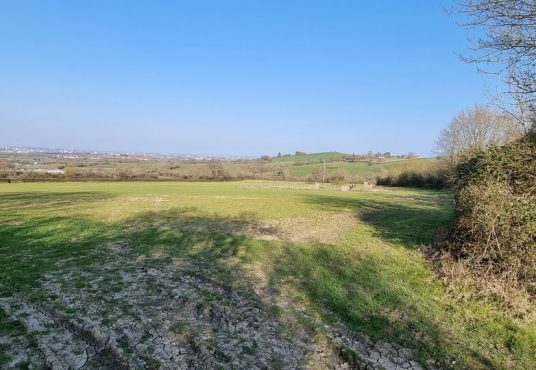A wide, grassy field extends toward distant, rolling hills under a clear, blue sky. Trees and bushes frame the field on the right side, while buildings can be seen far off on the horizon. The ground is a mix of green grass and bare patches of earth, reminiscent of plot C38 Dundry Lane Bristol sold by Palace Auctions.