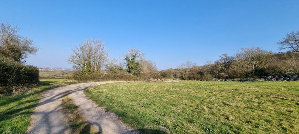 A curving dirt path winds through PLOT C38 DUNDRY LANE, Bristol, a countryside landscape filled with green grass and leafless trees. The trees and bushes line the pathway under a clear blue sky, indicating a serene and sunny day. Recently sold by Palace Auctions, the landscape stretches off into the distance.