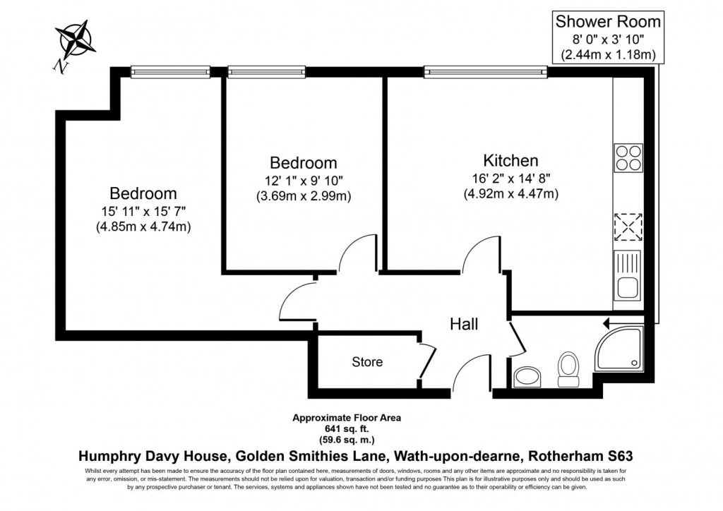 A floor plan of Humphry Davy House investment flat includes two bedrooms, a kitchen, a shower room, a hall, and a store. The dimensions are marked in feet, inches, and meters. The approximate floor area is 641 sq. ft (59.6 sq. m). An arrow indicating the direction of north is shown. Available for sale by auction with Palace Auctions below market