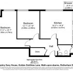 A floor plan of Humphry Davy House investment flat includes two bedrooms, a kitchen, a shower room, a hall, and a store. The dimensions are marked in feet, inches, and meters. The approximate floor area is 641 sq. ft (59.6 sq. m). An arrow indicating the direction of north is shown. Available for sale by auction with Palace Auctions below market
