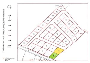 A map showing a plot layout of a land development site at Land West of Stane Street, Ockley, Surrey RH5 5LU. The site is sectioned into numbered plots, with plot 10 highlighted in yellow and an area marked with an "S" in green. Sold by Palace Auctions.