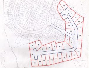 A hand-drawn site plan showing a residential layout of Land off Channel Avenue, Porth, Mid Glamorgan, Wales (SOLD) by Palace Auctions. The plan includes numbered plots, ranging from 1 to 31, marked with red borders. Streets and thoroughfares are depicted with blue lines. Rows of houses are illustrated in a rough, detailed manner. Other plots may be available