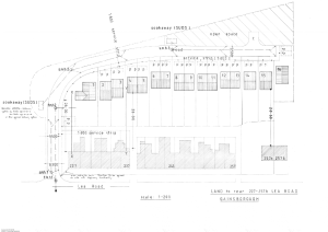 A detailed site plan of the Development Site Land to the rear of 227-257 Lea Road, Gainsborough at a scale of 1:200. This property development, available for sale by auction with Palace Auctions, includes housing plots, parking spaces, a service strip, soakaways for drainage, and designated open space areas.