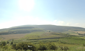 A lush green landscape featuring rolling hills under a clear, blue sky. The foreground has dense vegetation with various shades of green, while the background shows expansive grassy hills and a few scattered clouds. This serene scene mirrors the beauty of Land off Channel Avenue, Porth, Mid Glamorgan, Wales (SOLD) by Palace Auctions.